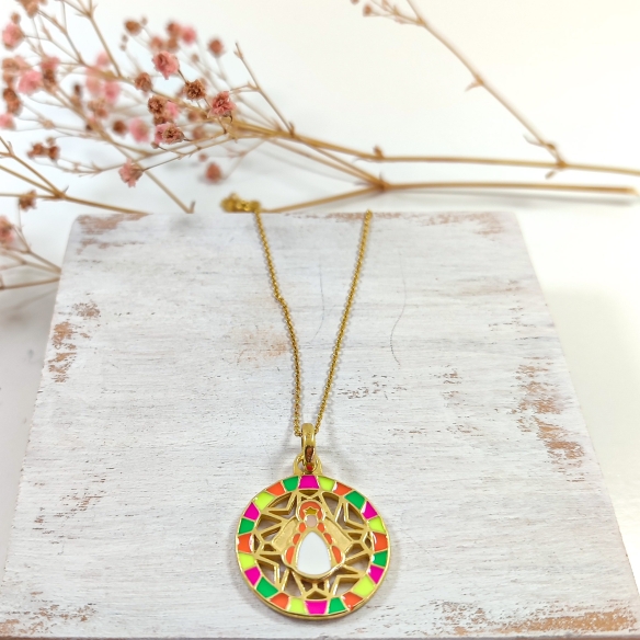 Gargantilla B.Oro, medalla redonda Virgen Rocío, borde mosaico Multicolor fluor