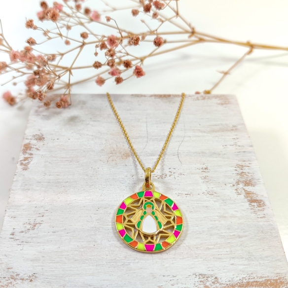 Gargantilla B.Oro, medalla redonda Virgen Rocío, borde mosaico Multicolor fluor