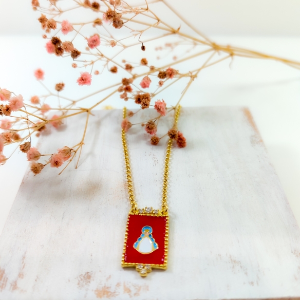 Gargantilla escapularia rojo 2cm y silueta Virgen Rocío