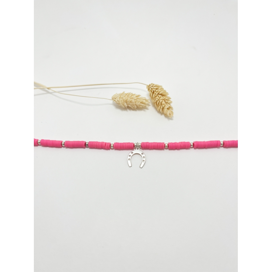 Pulsera fucsia y bolas herradura plata