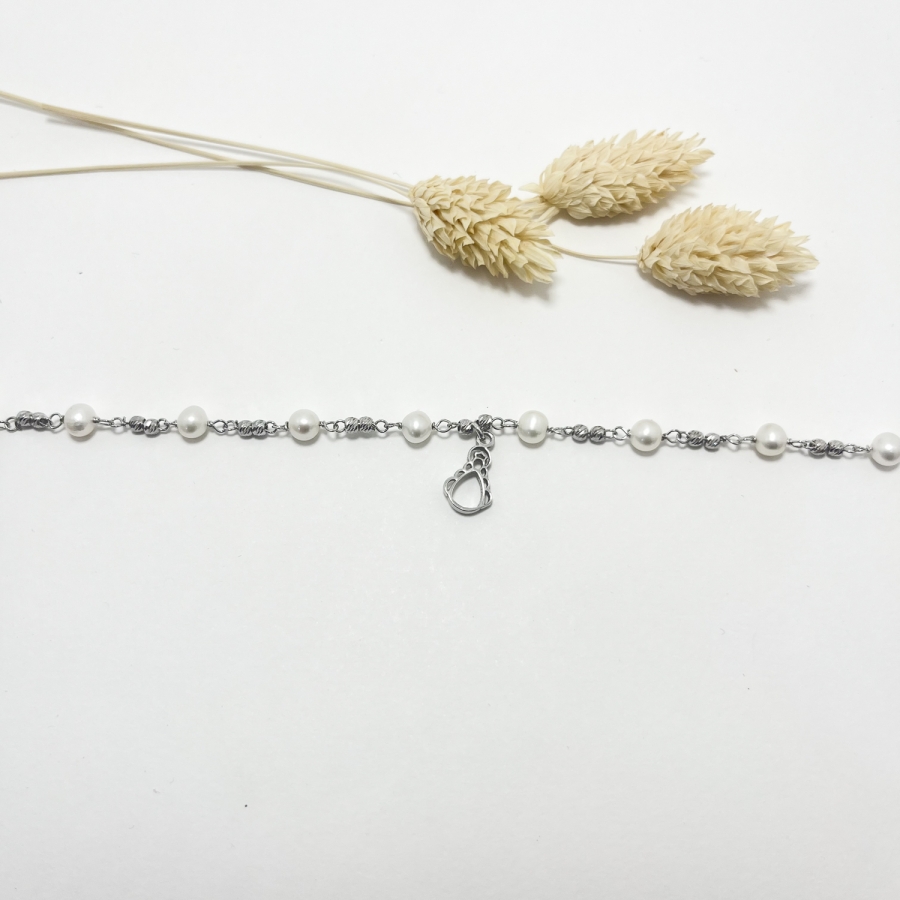 Pulsera plata rodinada, 10 perlas con piedras plateadas y silueta 1cm, Virgen Rocío