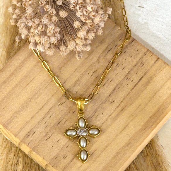 Gargantilla acero y cruz de perlas con 1 circonita