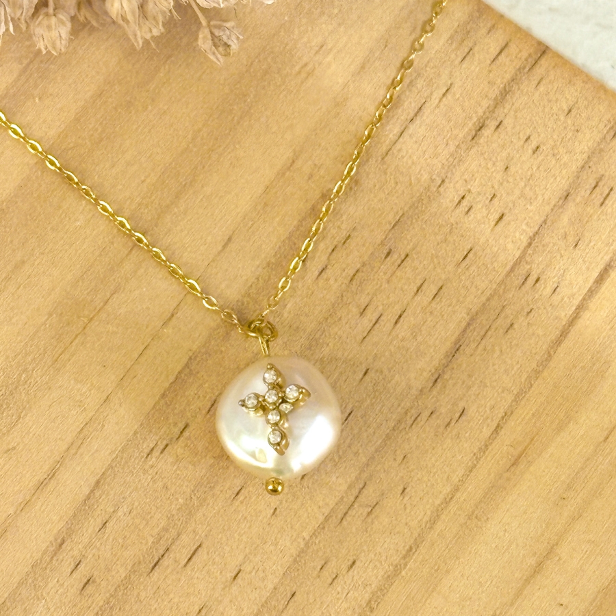 Gargantilla acero y  bola nácar con...