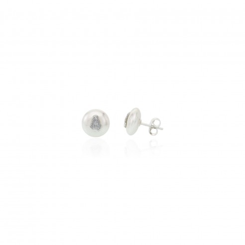 Pendientes perla plana y reina  1 cm plata