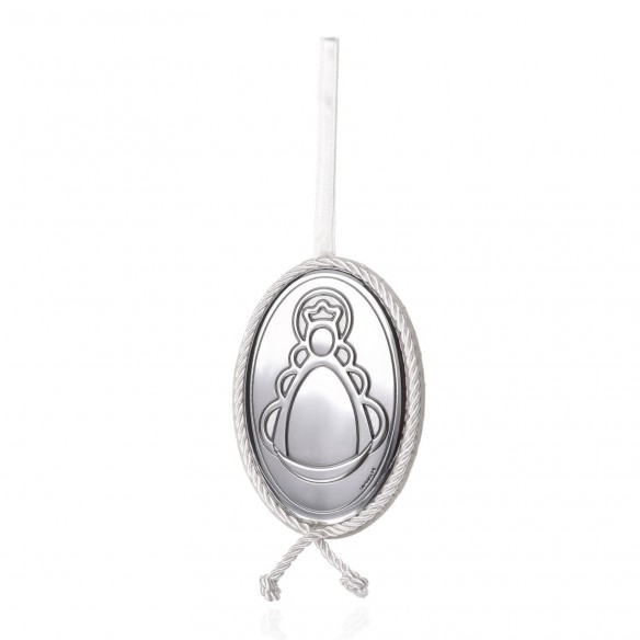 Medalla de cuna con ribete beige Virgen del Rocío plata
