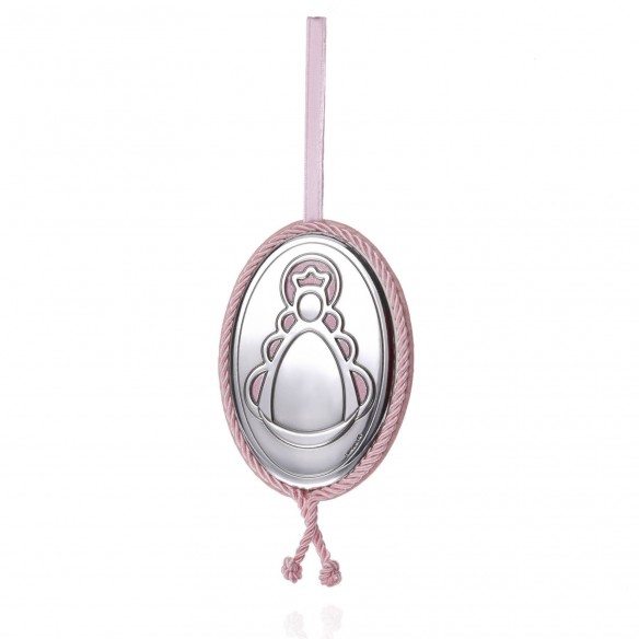 Medalla de cuna con ribete rosa Virgen del Rocío plata