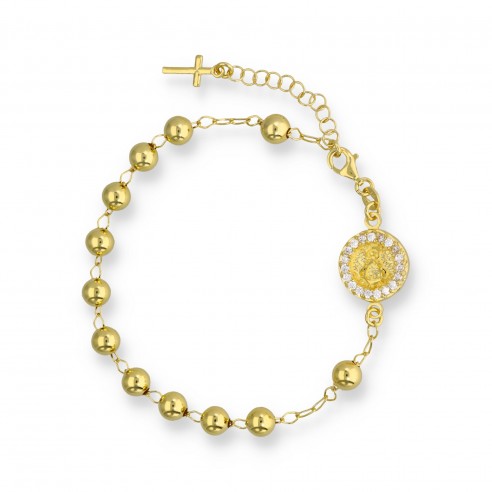 Pulsera rosario ,Virgen del Rocío. Círculo circonitas ,silueta reina circonitas blanco baño oro