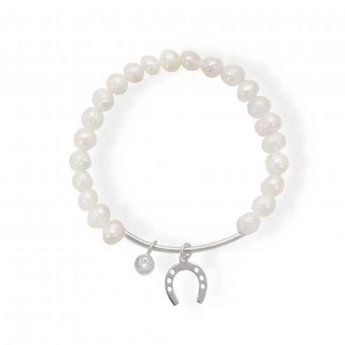 Pulsera elástica perlas, herradura y circonita blanca plata