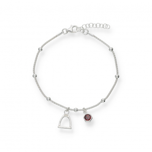 Pulsera estribo inglés, bolitas y circonita roja plata