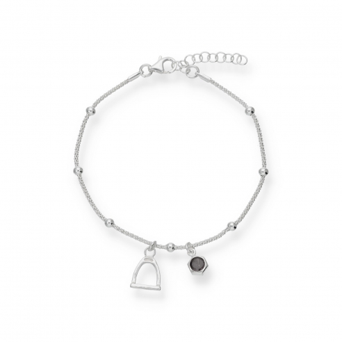 Pulsera estribo inglés, bolitas y circonita negra plata